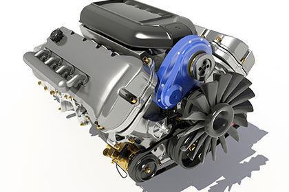 ein Automotor mit blauem und weißem Oberteil