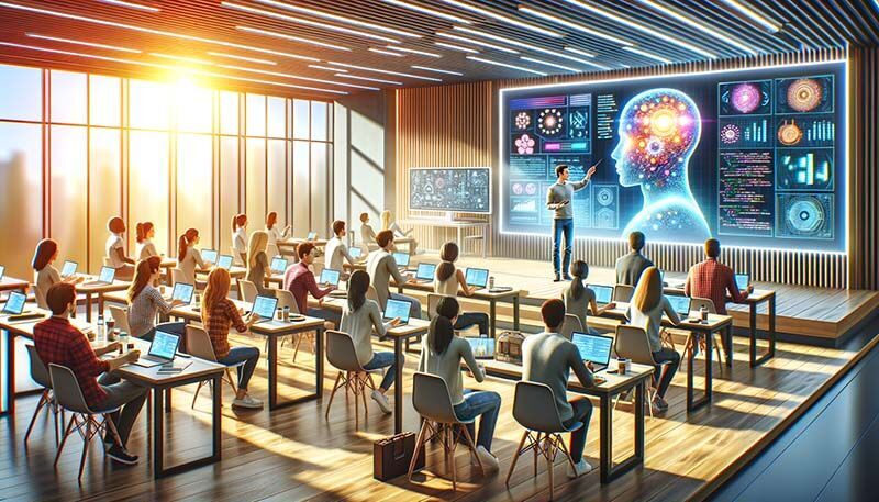 ein Klassenzimmer mit Leuten, die an Schreibtischen sitzen, und ein Projekt, das an der Wand projiziert wird