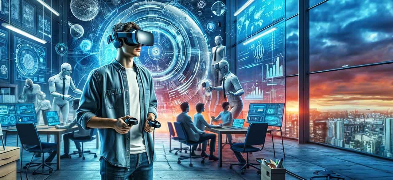 ein Mann in einem virtuellen virtuellen Büro