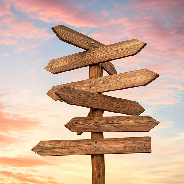 Mehrere Holzwegweiser zeigen in unterschiedliche Richtungen vor einem farbenfrohen Himmel.